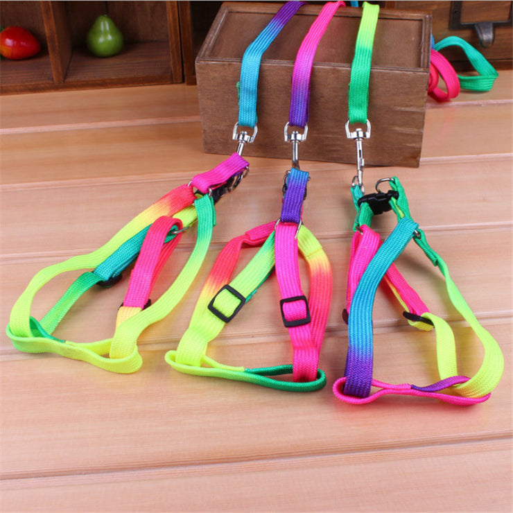 Colourful Rainbow Pet Dog Collar Harness Leash Soft Colourful Durable Traction Nylon Rope