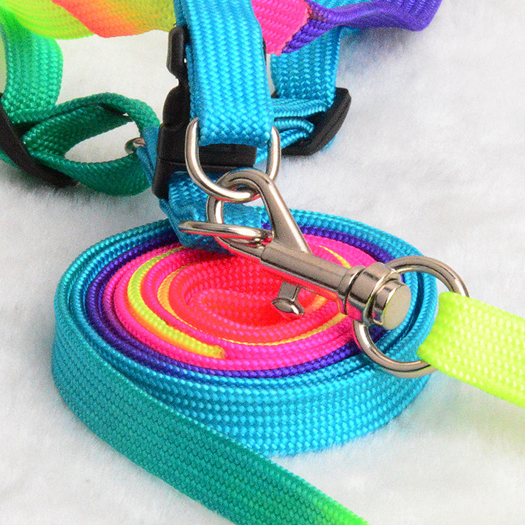 Colourful Rainbow Pet Dog Collar Harness Leash Soft Colourful Durable Traction Nylon Rope